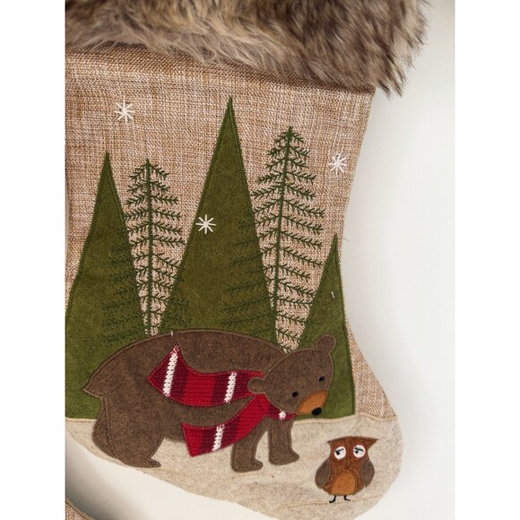 Lot 2 Christmas Appliqué Stockings Rustic Woodland Fox Deer Owl Bear Faux Fur - Picture 5 of 9